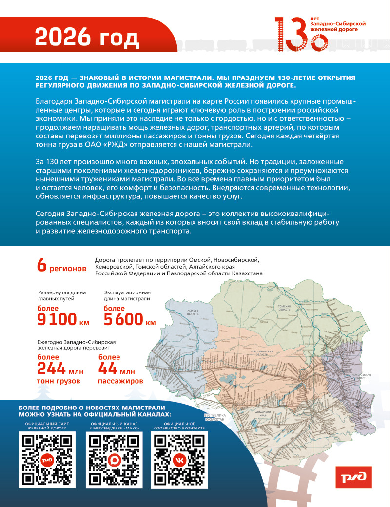 2026 год — 130 лет Западно-Сибирской железной дороге